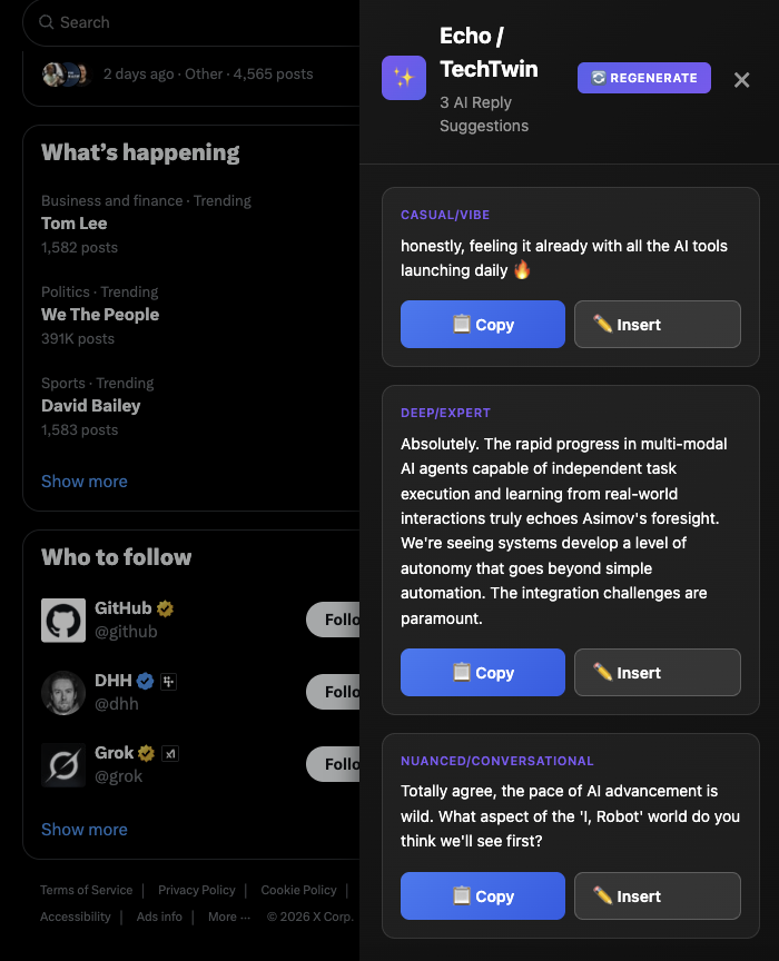 EchoReply Chrome extension showing AI-generated reply suggestions for X (Twitter) with Casual/Vibe, Deep/Expert, and Nuanced/Conversational options